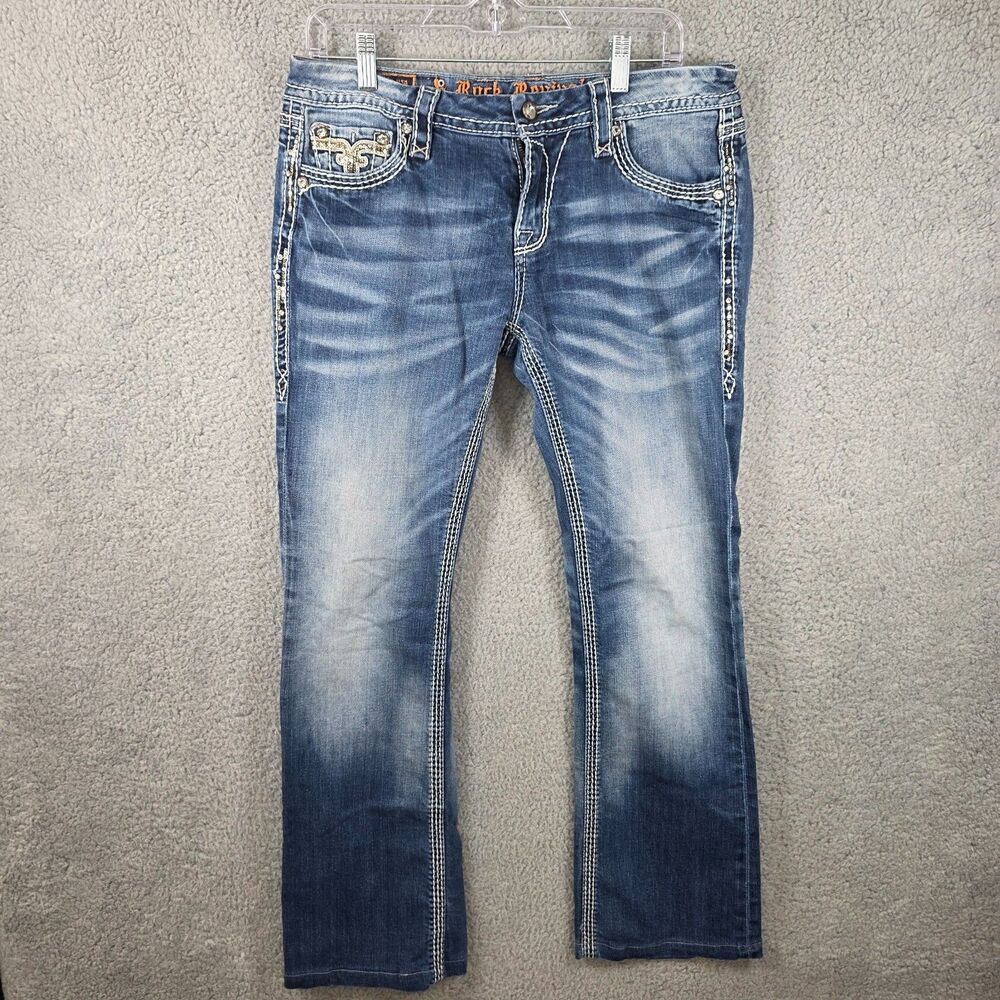 ROCK REVIVAL Women's Kai Easy Boot Distressed Dark Wash Jeans Size 29
